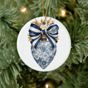 Décoration En Céramique Cœur floral toile bleue nœud rayé marine