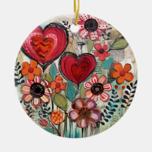 Décoration En Céramique Coeurs Et Fleurs Valentin