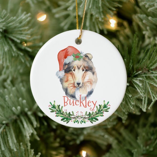 Décoration En Céramique Collie Noël aquarelle personnalisée (Arbre)
