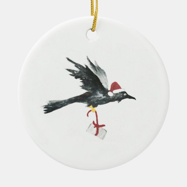 Décoration En Céramique Corbeau de vacances portant un cadeau (Devant)