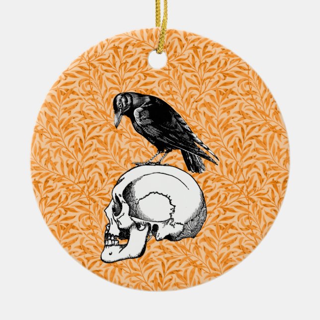 Décoration En Céramique Corbeau ou corbeau et crâne Halloween orange noir (Devant)
