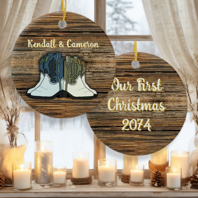 Décoration En Céramique Country Cowboy Boots Couples Premier Noël (Créateur téléchargé)