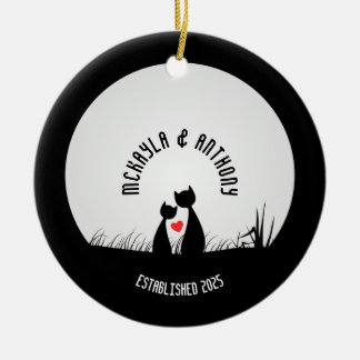 Décoration En Céramique Couple de Valentine Cats Red Heart Moon Silhouette