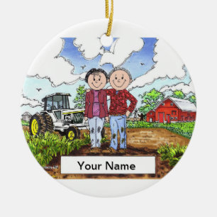 Décoration En Céramique Couple fermier - Tracteur blanc