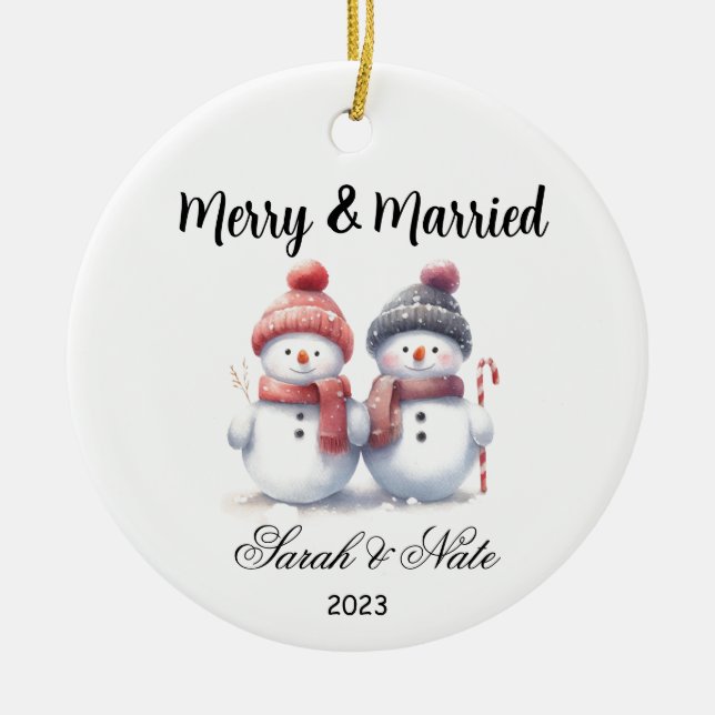 Décoration En Céramique Couples Snowman Merry & Mariage marié (Devant)
