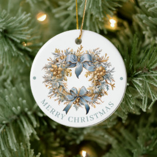 Décoration En Céramique Couronne de Noël bleu et or élaborée Joyeux Noël