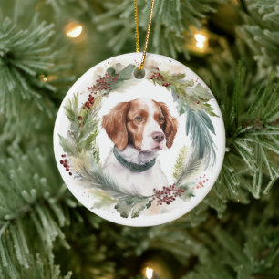 Décoration En Céramique Couronne de Noël Brittany Spaniel Chien de fête
