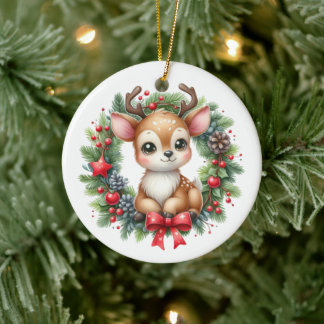 Décoration En Céramique Couronne de Noël cerf personnalisée mignonne