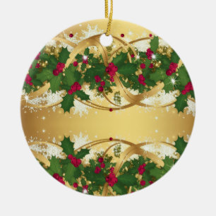 Décoration En Céramique Couronne de Noël dorée — Baies rouges et feuilles 