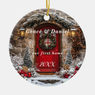 Décoration En Céramique Couronne de porte rouge de Noël "Notre première ma