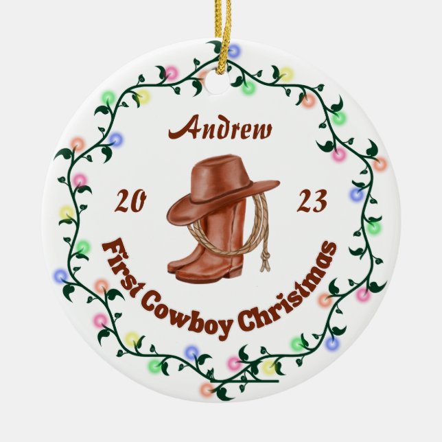 Décoration En Céramique Cowboy personnalisé Premier Noël (Devant)