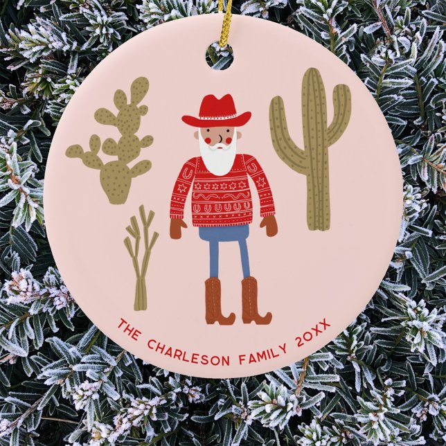 Décoration En Céramique Cowboy Santa Claus Christmas Custom Text (Fun Cowboy Santa Claus Western Christmas Holidays personalized name date ceramic ornament)