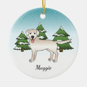 Décoration En Céramique Crème Labrador Retriever Dans Une Forêt D'Hiver Et