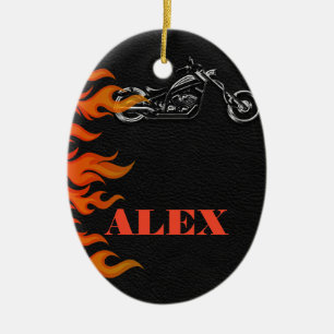 Décoration En Céramique Cuir noir et flammes orange moto de motard