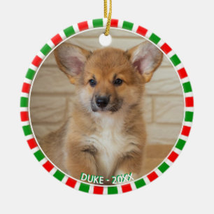 Décoration En Céramique Custom corgi dog photo and green red frame