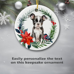 Décoration En Céramique Cute Boston Terrier Puppy Aquarelle Poinsettia