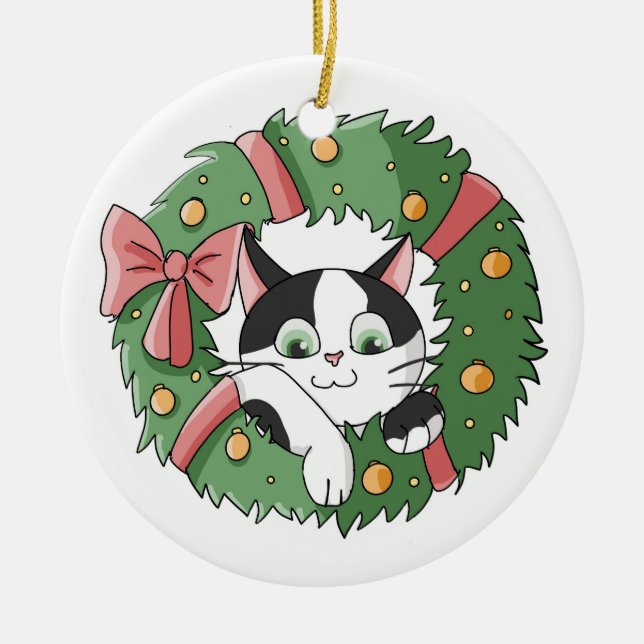 Décoration En Céramique Cute Cartoon Cat in Christmas Wreath Ornament (Devant)