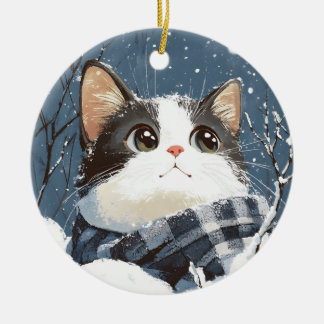 Décoration En Céramique Cute cat cozy winter snow