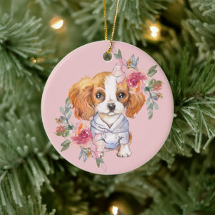 Décoration En Céramique Cute Cavalier King Charles Spaniel et Fleurs