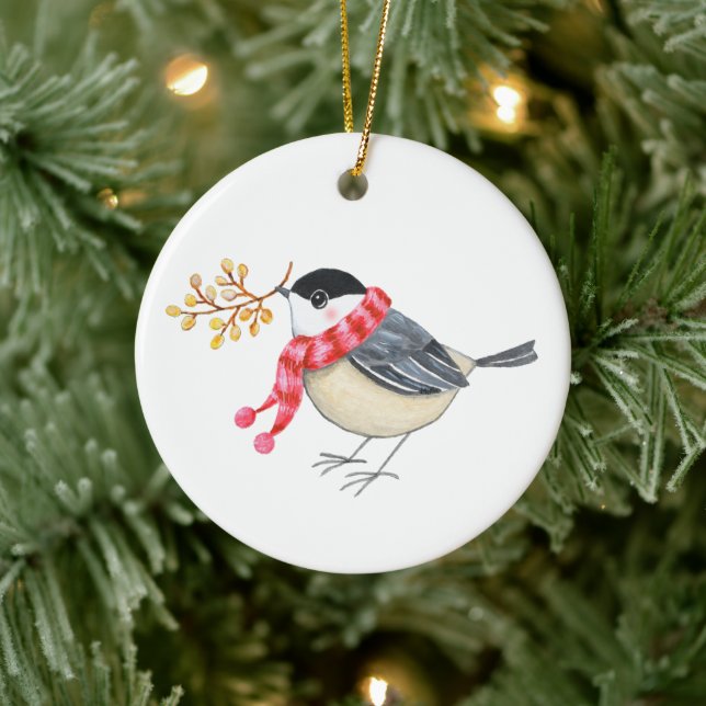 Décoration En Céramique Cute Chickadee with Golden Sprig Personalized name (Arbre)