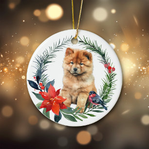 Décoration En Céramique Cute Chow Chow Chiot Aquarelle Poinsettia