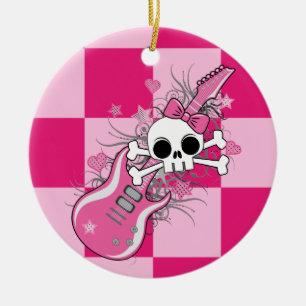 Décoration En Céramique Cute crâne avec guitare rose