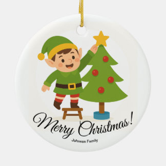 Décoration En Céramique Cute Elf Decorating Tree Personalized Family Name