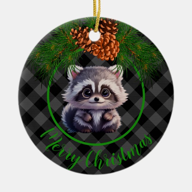 Décoration En Céramique Cute Rustique raccoon noir gris cône de pin plaid (Devant)