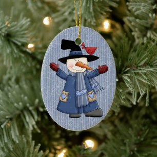 Décoration En Céramique Cute Snowman Whimsical avec Cardinal Rouge