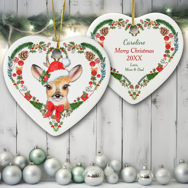Décoration En Céramique Cute Woodland Deer Heart Holiday Wreath (Créateur téléchargé)