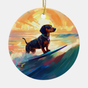 Décoration En Céramique Dachshund Beach Surf Peinture