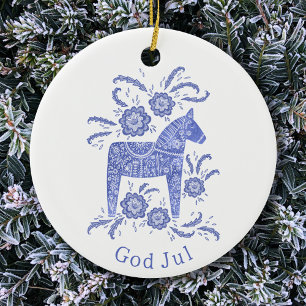 Décoration En Céramique Dala suédois Cheval Dieu Jul Bleu Blanc