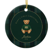 Dark Green Tartan Plaid Babys First Christmas 