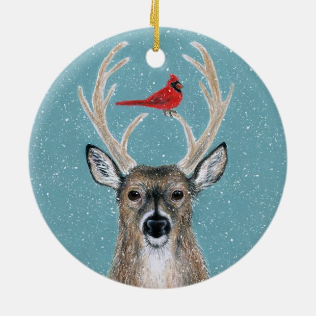 Décoration En Céramique Deer, Cardinal, Neige, Bois (Dos)