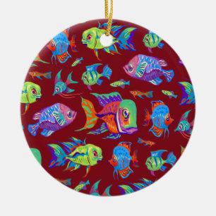Décoration En Céramique Des poissons tropicaux amusants sur le rouge foncé