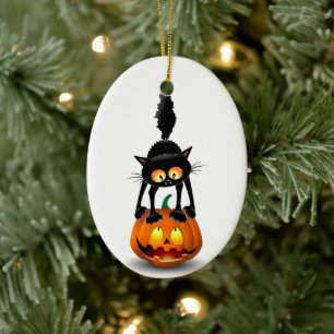 Décoration En Céramique Dessin d'Halloween au chat effrayé sur Citrouille