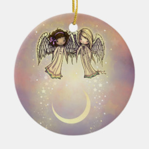 Décoration En Céramique Deux petits anges sur une nuit scintillante Art