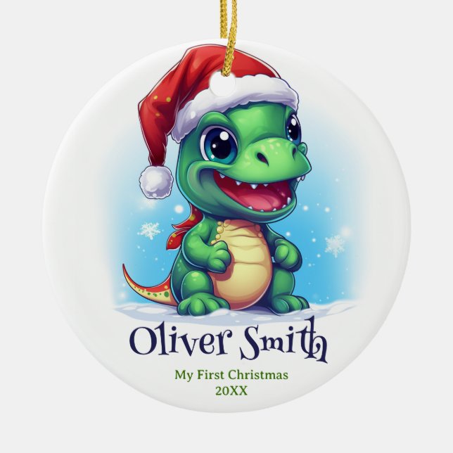 Décoration En Céramique Dinosaur Nom personnalisé Premier Noël (Devant)