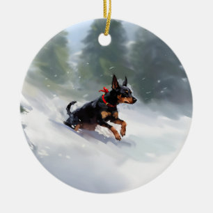Décoration En Céramique Doberman Pinscher Noël neige hiver