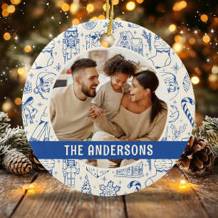 Décoration En Céramique Doodle de photo de famille Bleu Noël
