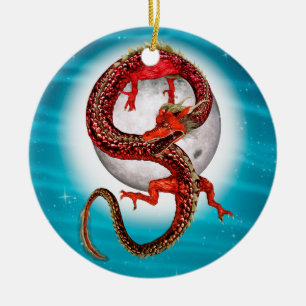 Décoration En Céramique Dragon Lune Rouge Fantastique Artistique