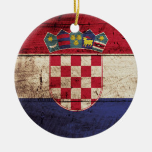 Décoration En Céramique Drapeau de la Croatie sur le vieux grain en bois