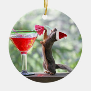 Décoration En Céramique Écureuil de Noël buvant un cocktail
