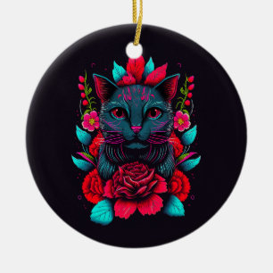 Décoration En Céramique Élégant chat noir entouré de roses rouges