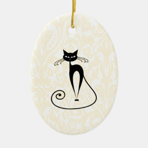 Décoration En Céramique Élégant damas de chat noir vintage