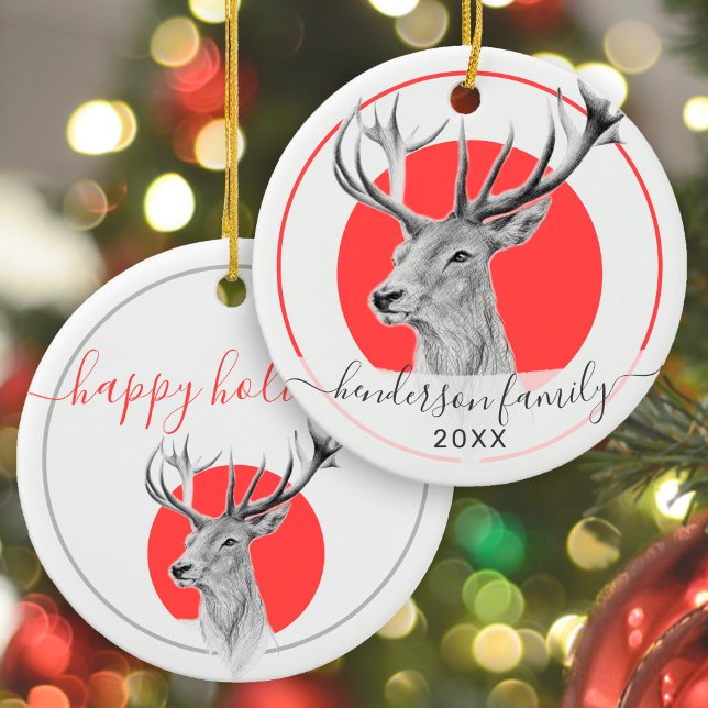 Décoration En Céramique Élégant Deer Art Rouge Noël personnalisé (Créateur téléchargé)