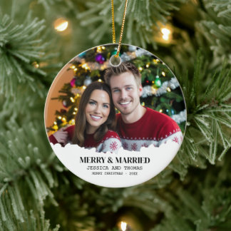 Décoration En Céramique Elégant Notre premier Noël Joyeux & Marié Photo