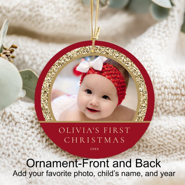 Décoration En Céramique Elégant Red Gold Baby's 1st Christmas Photo (Baby's 1st Christmas)