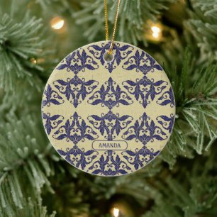 Décoration En Céramique Elégant vintage damassé marine bleu jaune monogram