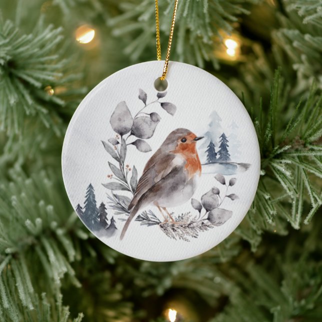 Décoration En Céramique Elégante aquarelle Winter American Robin (Arbre)